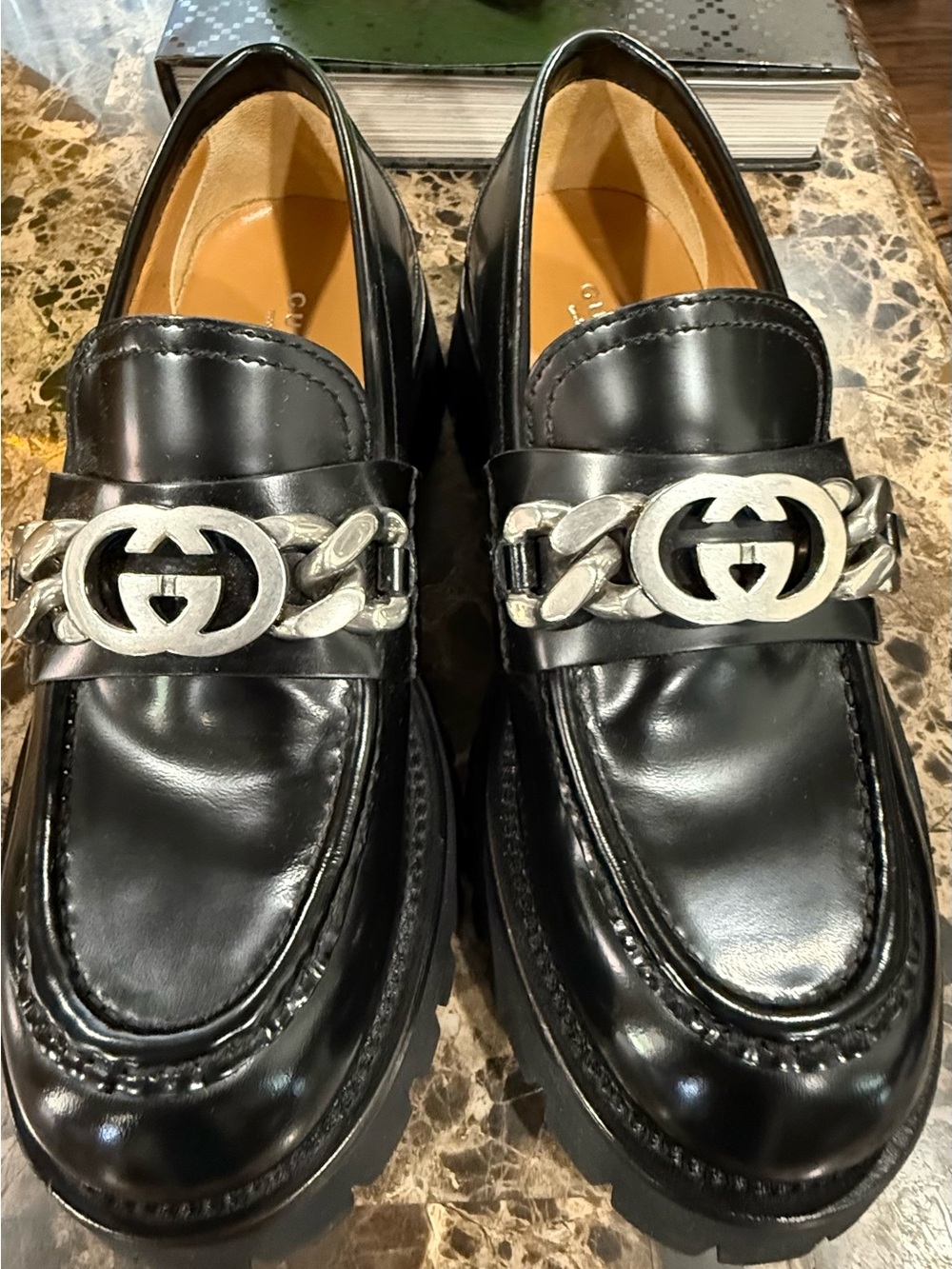 Gucci Women’s Black Leather Loafers, Silver Double G Chain, Near-NEW Condition